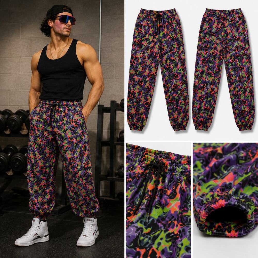 Vintage 90s Colorful Muscle Gym Pants Size XL Neon Abstract Print Beach